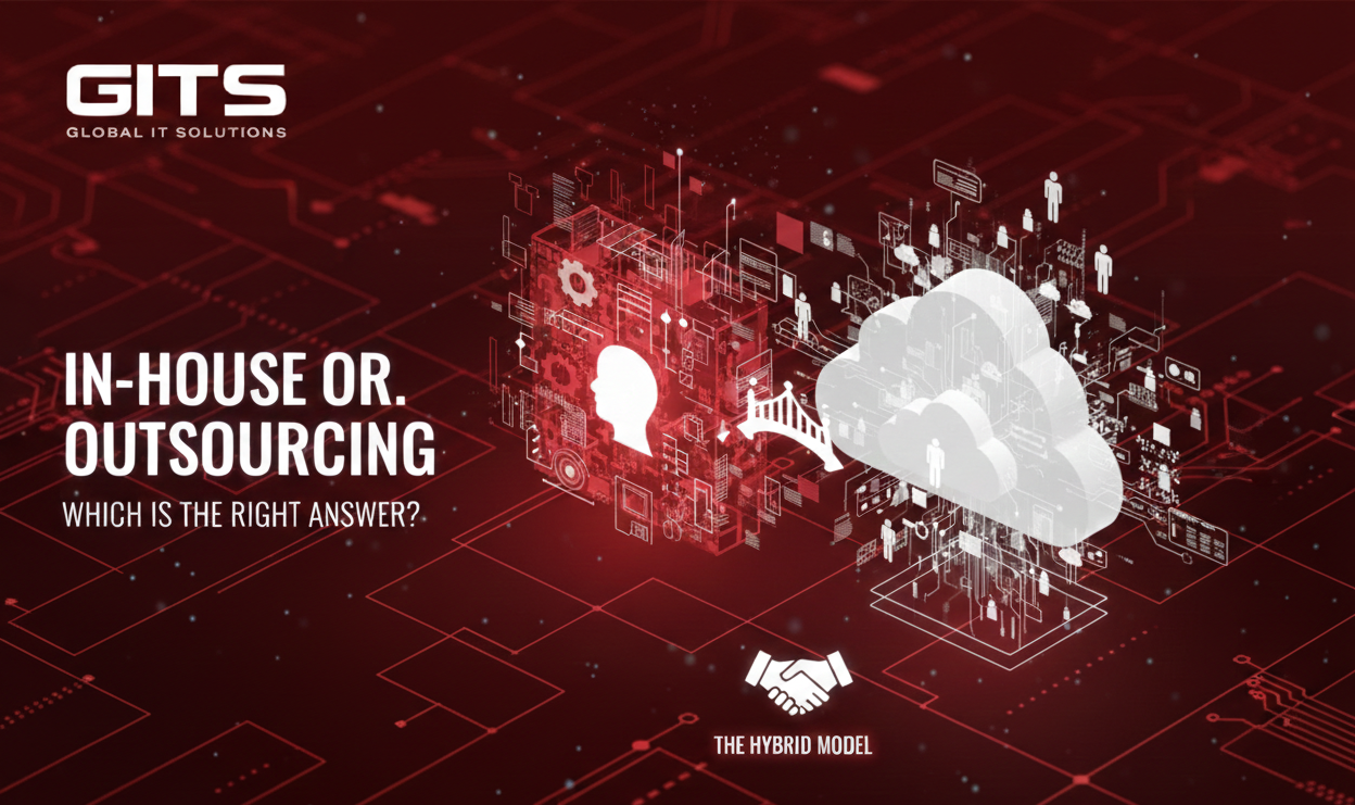 Comparison of in-house and outsourcing models in software development, illustrating GITS Global IT Solutions hybrid IT approach