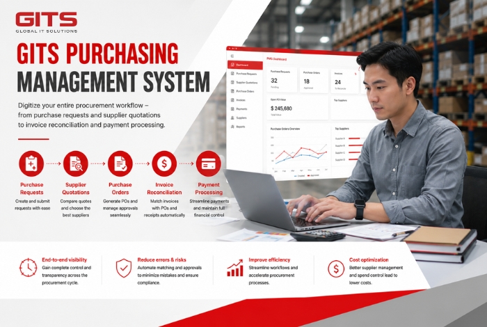 The GITS Purchasing Management System helps businesses digitize the entire procurement workflow, from purchase requests and supplier quotations to invoice reconciliation and payment processing
